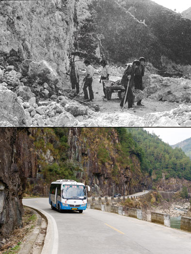 上图为1990年7月施工队正在开山建造下党进村公路，张培基摄。下图为2017年1月4日同一地点拍摄的下党至寿宁客运班车行驶在修缮后的水泥路上，姜克红摄