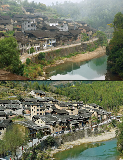 上图为2014年10月22日拍摄的下党村老村旧貌，姜克红摄。下图为2017年1月2日经过保护性修复后的下党村老村新貌，张国俊摄